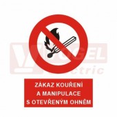 Samolepka zákazová "Zákaz kouření a manipulace s otevřeným ohněm" (černý tisk, červený podklad), symbol s textem (4201G) A4