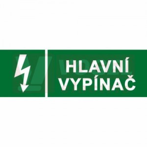 Samolepka informační "Hlavní vypínač" (bílý tisk, zelený podklad), symbol s textem 14,8x5,2cm (6131A)