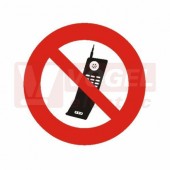 Samolepka bezpečnostní "Zákaz používání mobilních telefonů" (černo-červený tisk, bílý podklad) kruh 10x10cm, symbol (DT028JB)