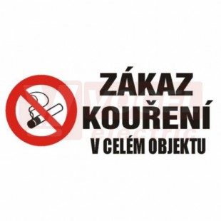 Tabulka zákazová "Zákaz kouření v celém objektu" (černý tisk, bílý podklad) písmo 5cm, symbol s textem 50x23cm (4202NV1)