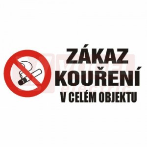 Samolepka zákazová "Zákaz kouření v celém objektu" (černý tisk, bílý podklad) písmo 5cm, symbol s textem 50x23cm (4202NV1)