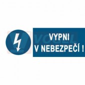 Samolepka příkazová "Vypni v nebezpečí !" (bílý tisk, modrý podklad), symbol s textem 14,8x5,4cm (2101)