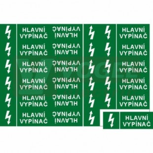 Samolepka informační "Hlavní vypínač" (bílý tisk, zelený podklad), symbol s textem 9x3,2cm (1arch=18ks), (6131A)