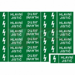 Samolepka informační "Hlavní jistič" (bílý tisk, zelený podklad), symbol s textem 9x3,2cm (1arch=18kusů) (6131B)