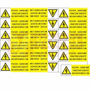 Samolepka výstrahy "Pozor barevné značení vodičů neodpovídá ČSN" (černý tisk, žlutý podklad) (1arch=18ks), symbol s textem 9x3,2cm (1999S)