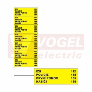 Samolepka bezpečnostní "Důležitá telefonní čísla" (černý tisk, žlutý podklad) k lepení na telefon 7,1x2,7cm (1arch=8ks), (DT031)