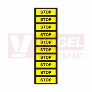 Samolepka informační "STOP" (černý tisk, žlutý podklad), text (1arch=10kusů), 7x1,5cm, jednotlivé nutné stříhat (6131D)
