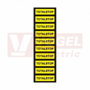 Samolepka informační "Totalstop" (černý tisk, žlutý podklad), text (1arch=10kusů), 3,7x1,5cm, jednotlivé nutné stříhat (6131C)