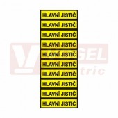 Samolepka informační "Hlavní jistič" (černý tisk, žlutý podklad), (1arch=10kusů), symbol s textem 5x1,3cm (6131B) jednotlivé nutné stříhat
