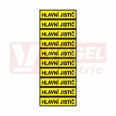 Samolepka informační "Hlavní jistič" (černý tisk, žlutý podklad), (1arch=10kusů), symbol s textem 5x1,3cm (6131B) jednotlivé nutné stříhat