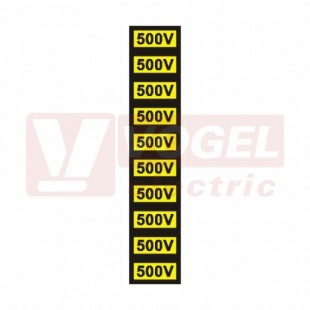 Samolepka výstrahy "500 V" text (černý tisk, žlutý podklad), 3x1,5cm (1arch=10ks (0181E) jednotlivé nutné stříhat