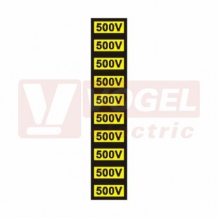 Samolepka výstrahy "500 V" text (černý tisk, žlutý podklad), 3x1,5cm (1arch=10ks (0181E) jednotlivé nutné stříhat