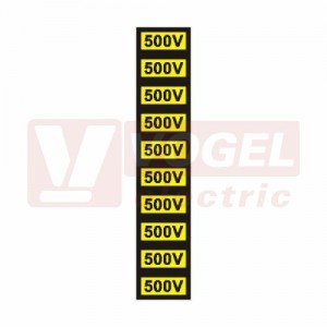 Samolepka výstrahy "500 V" text (černý tisk, žlutý podklad), 3x1,5cm (1arch=10ks (0181E) jednotlivé nutné stříhat