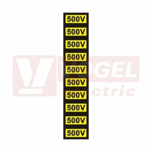 Samolepka výstrahy "500 V" text (černý tisk, žlutý podklad), 3x1,5cm (1arch=10ks (0181E) jednotlivé nutné stříhat