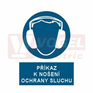 Samolepka příkazová "Příkaz k nošení ochrany sluchu" (bílý tisk, modrý podklad), symbol s textem (2505) A4