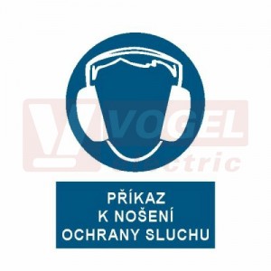 Samolepka příkazová "Příkaz k nošení ochrany sluchu" (bílý tisk, modrý podklad), symbol s textem (2505) A4