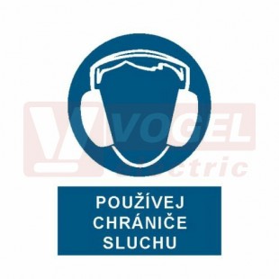 Samolepka příkazová "Používej chrániče sluchu!" (bílý tisk, modrý podklad), symbol s textem (2503) A4