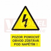 Samolepka výstrahy "Pozor pomocný obvod zůstává pod napětím !" (černý tisk, žlutý podklad), symbol s textem (0125) A6