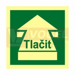 Tabulka fotoluminiscenční "Otevírání dveří - tlačit" (zelený podklad), plast 1mm 20x20cm, symbol s textem (FLZ17)