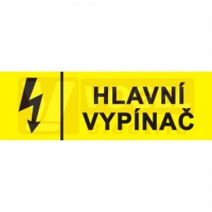 Samolepka informační "Hlavní vypínač" (černý tisk, žlutý podklad), symbol s textem 6,5x2cm (6131A)