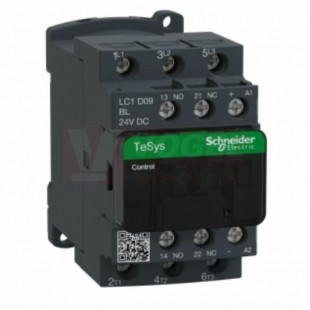 LC1D09BL      Stykač 3P 9A AC-3,  24V DC, pom.kont. 1"Z"+1"V" šroub.svorky, 2,4 W , cívka s rozšíř.rozsahem a odruš.modulem