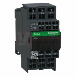 LC1D183BL     Stykač 3P 18A AC-3,  24V DC, pom.kont. 1"Z"+1"V" pruž.svorky, 2,4 W, cívka s rozšíř.rozsahem a odruš.modulem