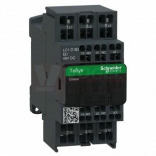 LC1D183ED     Stykač 3P 18A AC-3,  48V DC, pom.kont. 1"Z"+1"V" pruž.svorky, cívka s rozšíř.rozsahem a odruš.modulem