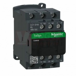 LC1D18EL      Stykač 3P 18A AC-3,  48V DC, pom.kont. 1"Z"+1"V" šroub.svorky, 2,4 W, cívka s rozšíř.rozsahem a odruš.modulem