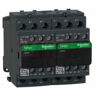 LC2D38BL       Stykač reverzační 3P 38A AC-3, 24V DC, pom.kont. 1"Z"+1"V" šroub.svorky, 2,4 W, cív.s rozšíř.rozs.a odruš.m.