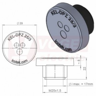 KEL-DPZ 25/3 kulatá membránová průchodka s maticí, šedá, IP68, vnější pr.39mm, výška 8mm, výřez závit M25x1,5, vstup kabelů  2x 3,2-5,2mm, 1x3,2-6,5mm (43736)