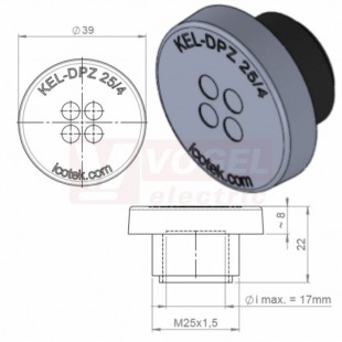 KEL-DPZ 25/4 kulatá membránová průchodka s maticí, šedá, IP68, vnější pr.39mm, výška 8mm, výřez závit M25x1,5, vstup kabelů  4x3,2-5,2mm (43737)