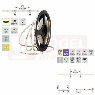 LED pásek SMD2216 WW, 120LED/m, 7,2W/m, 585lm/m, IP20, DC 24V, 4mm, 10m (126.730.60.7)