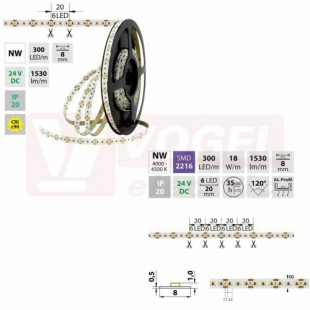 LED pásek SMD2216 NW, 300LED/m, 18W/m, 1530lm/m, IP20, DC 24V, 8mm, 30m (126.737.60.1)