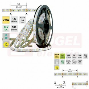 LED pásek SMD2835 UWW, 120LED/m, 14W/m, 980lm/m, IP20, DC 24V, 10mm, 5m (126.820.60.0)
