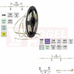 LED pásek SMD2216 NW, 120LED/m, 7,2W/m, 625lm/m, IP20, DC 24V, 4mm, 10m (126.731.60.7)