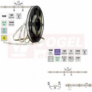 LED pásek SMD2216 NW, 180LED/m, 12W/m, 1045lm/m, IP20, DC 24V, 8mm, 30m (126.734.60.1)