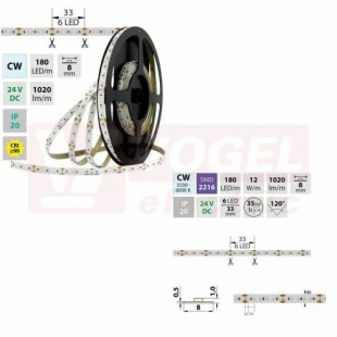 LED pásek SMD2216 CW, 180LED/m, 12W/m, 1020lm/m, IP20, DC 24V, 8mm, 30m (126.735.60.1)