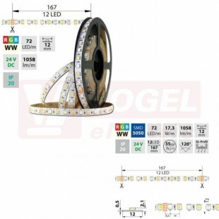 LED pásek SMD5050 RGB+WW, 72LED/m, 17,3W/m, 1058lm/m, IP20, DC 24V, 12mm, 5m (128.633.60.0)