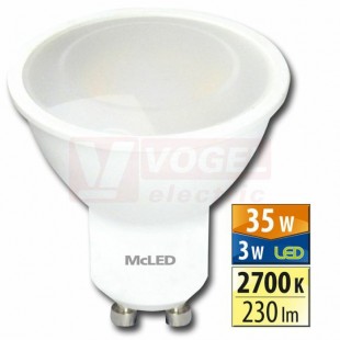 LED žárovka GU10  3W, 2700 K, 230lm, úhel vyzař.100°, barva bílá, pr.50mm, IP20, živ.25000hod., náhrada za 35W (312.146.87.0)