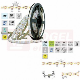 LED pásek SMD2835 CW, 120LED/m, 14W/m, 1355lm/m, IP20, DC 12V, 10mm, 5m (121.368.60.0)