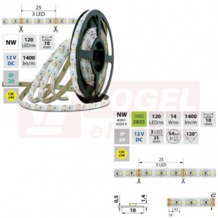 LED pásek SMD2835 NW, 120LED/m, 14W/m, 1400lm/m, IP20, DC 12V, 10mm, 5m (121.815.60.0)