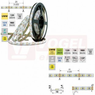LED pásek SMD2835 UWW, 120LED/m, 14W/m, 980lm/m, IP20, DC 12V, 10mm, 5m (121.820.60.0)