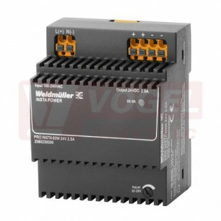 Zdroj spínaný 1f 24VDC  2,5A PRO INSTA 60W, modulární, adjustace potenciometrem 22-28V, rozměry švh 70x92,5x62 (2580230000)