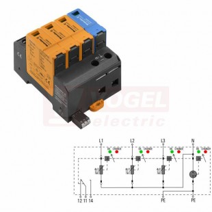 VPU AC II 3+1 R 300/50 přepěťová ochrana, Nízké napětí, Ochrana proti přepětí, s dálkovým kontaktem, TN-C-S, TN-S, TT, UP(L/N-PE) 1,5 kV (2591090000)