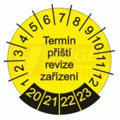 Samolepka "Revizní kolečko" žluto-černé, průměr 2,5cm, měsíc 1-12, rok 23-26, s textem "Termín příští revize zařízení" (POZ28D)