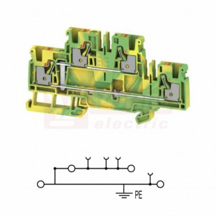 A2T 4 PE svorka řadová, dvoupatrová, průchozí PUSH-IN 4mm2, 32A/800V, zeleno-žlutá, š=6,1mm, nacvakávací TS35 (2539990000)