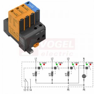 VPU AC I 3+1 R 300/12,5 přepěťová ochrana typ 1+2 (L1-L2-L3-N/PE), I imp 12,5kA/50kA (10/350µs), 20kA/50kA (8/20μs), Uc 300V, s dálk.signalizací (2591470000)