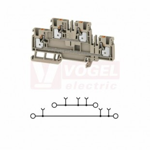 A2T 4 svorka řadová, dvoupatrová, průchozí PUSH-IN 4mm2, 32A/800V, tm.béžová, š=6,1mm, nacvakávací TS35 (2539970000)