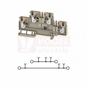 A2T 4 svorka řadová, dvoupatrová, průchozí PUSH-IN 4mm2, 32A/800V, tm.béžová, š=6,1mm, nacvakávací TS35 (2539970000)