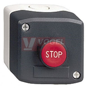 XALD116  Skříň ovládací 1-tlačítková, ŠE víko, tlačítko RU s přesahem nápis "STOP", kontakty 1V